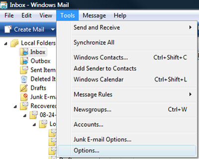 Windows Mail - Read Reciepts - Tools - Options