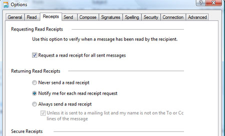Windows Mail - Read Reciepts - Options Menu